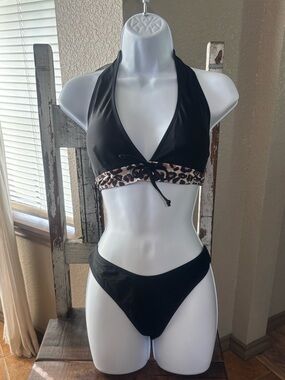 Flamingals Black Halter Bikini with Leopard-Trim Band - Women Swimwear NWT